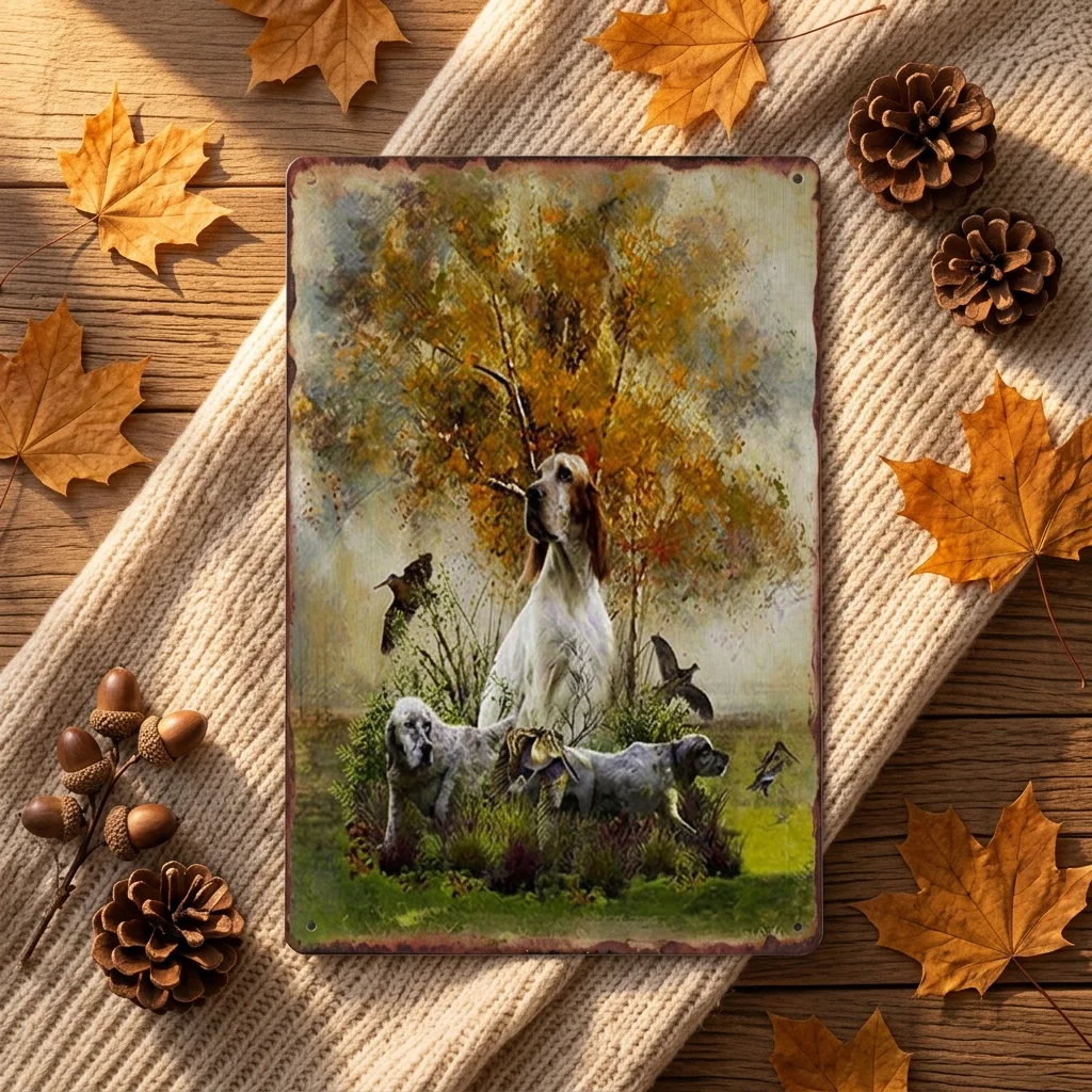 2D Flat, 1pc English Setter & Woodcock Hunting Scene Metal Sign - Rustic Aluminum Wall Art for Outdoor & Indoor Decor, Weathe