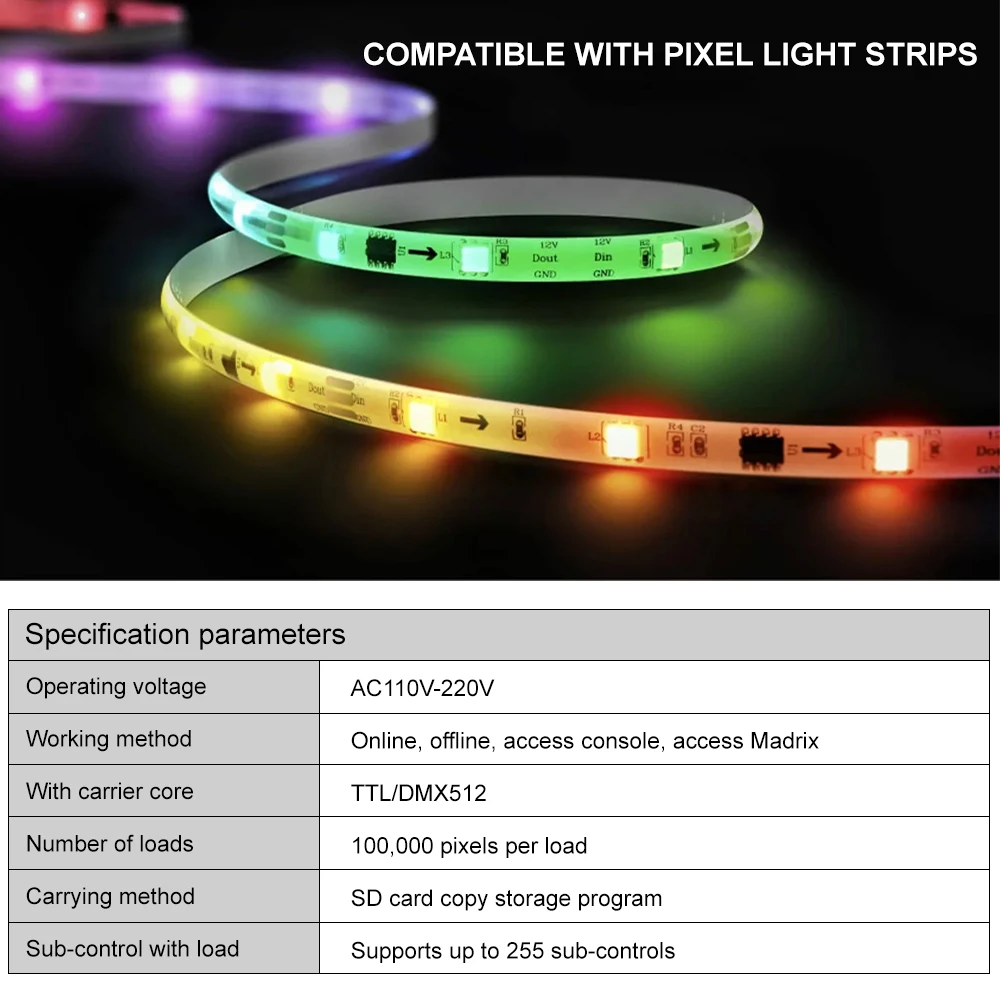 W-100C 8-portowy dekoder DMX 512 sygnału szeregowego SPI RDM Master do taśm LED RGB, kontroler programujący o stałym napięciu