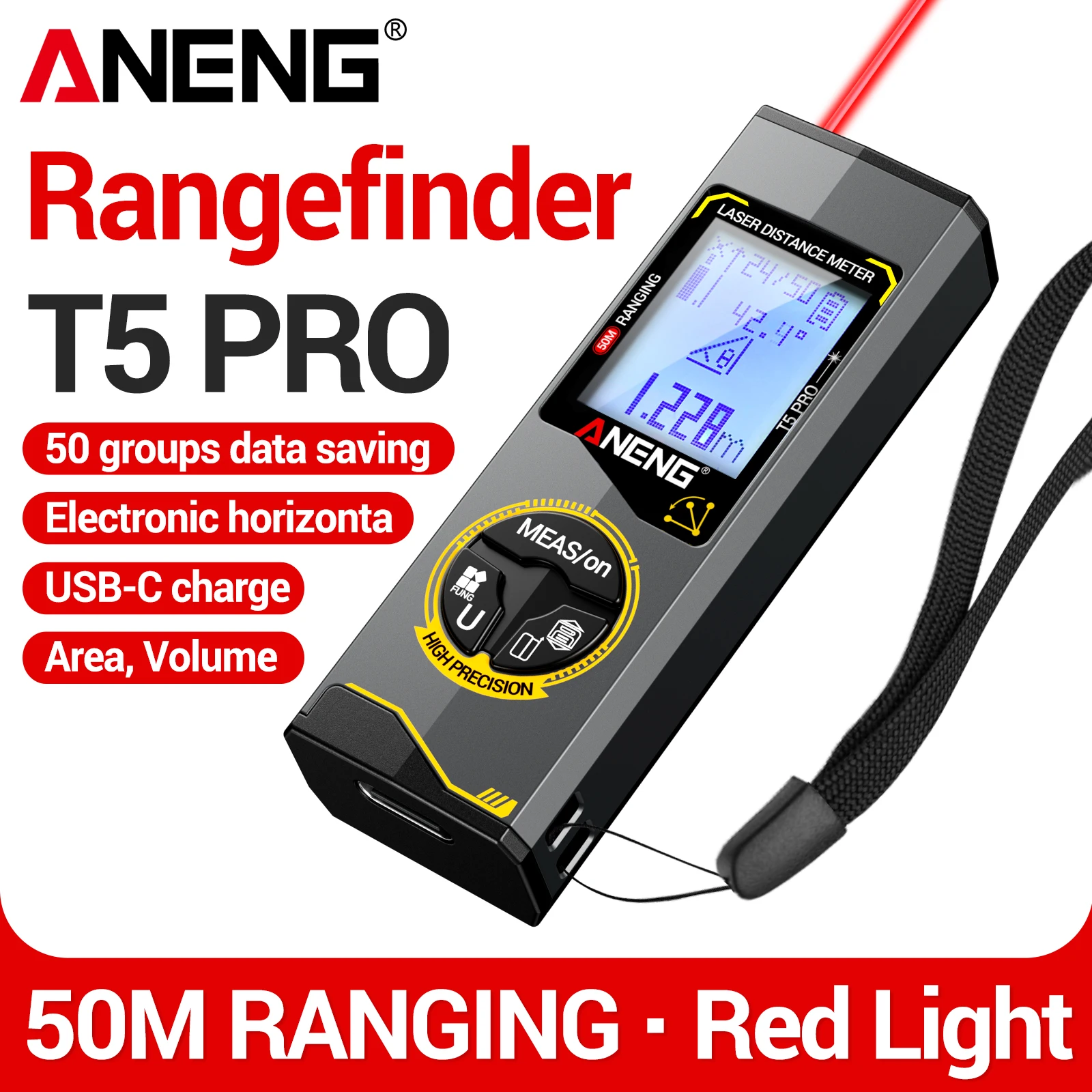 ANENG T5 T5 PRO Laser Distance Meter 0.05-50M Digital Rangefinder Pythagorean Calculation 50 Groups Data Storage Measuring Tool