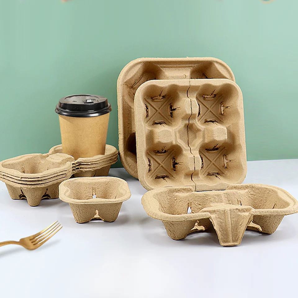 

Biodegradable Disposable Custom Paper Cup Holder Takeout Tray Carrier Kraft Pulp Cardboard Print LOGO Packing Bag