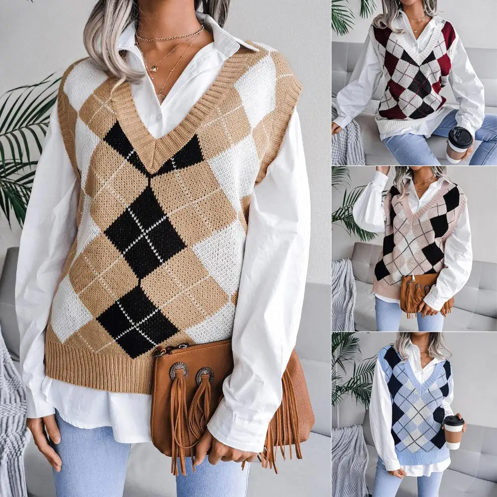 

Autumn Winter Diamond V-ne Casual Loose Knitted Vest Sweater Women's Faion College Sle Vest Top Tee-acetate Fiber
