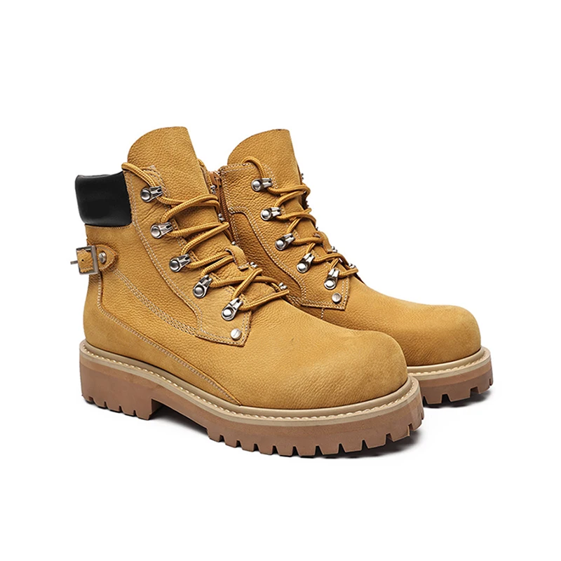 

New top layer cowhide short leather boots men's thick soled high top workwear hiking shoes big yellow boots trendy