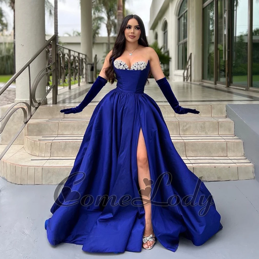 Comelody Attractive Satin Prom Dresses for Women Saudi Arabric Strapless High Slit Chapel Train Zipper Sweetheart Drop Shipping