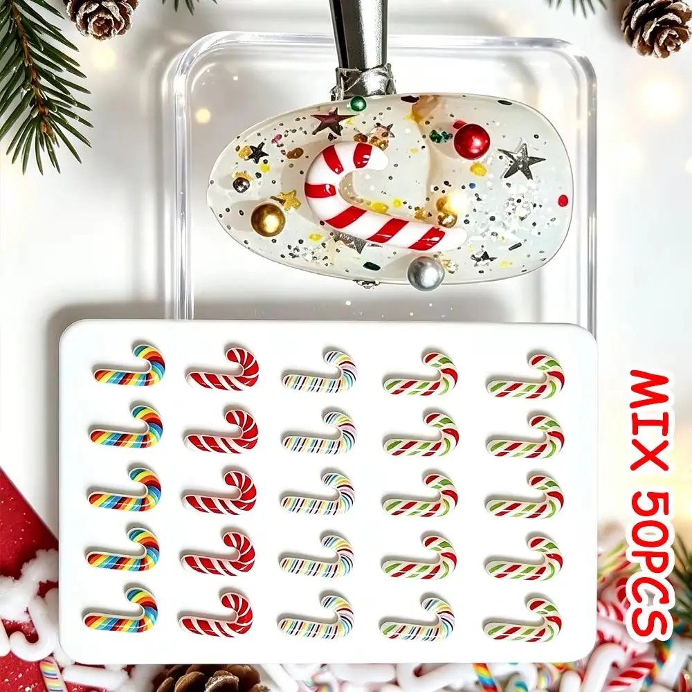50Pcs Christmas Candy Cane Nail Charms Multicolor Stripe Resin 3D Mini Candy Stick Decorations For DIY Xmas Manicure Ornaments