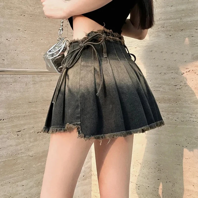 

Gidyq Fashion Irregular Jeans Skirts Vintage Female Casual Tassel Mini Skirts Summer All Match Gradient Lace Up Pleated Skirts