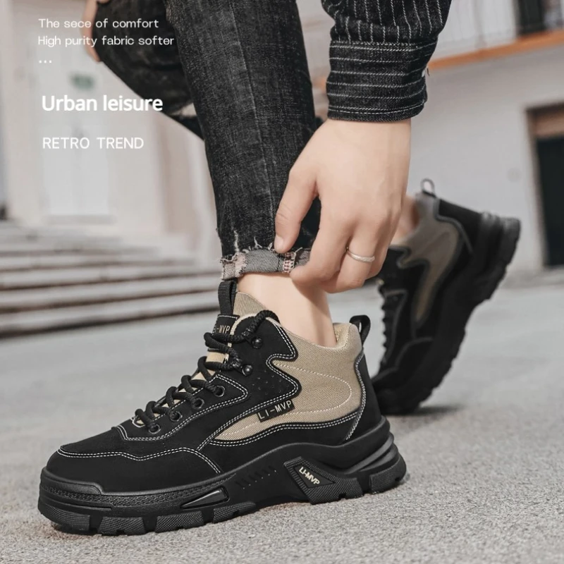 

Men's High-top Color-blocked Flat-soled Round-toe New Model High-quality Lace-up Soft-soled Outdoor Wear-resistant Hiking Shoes