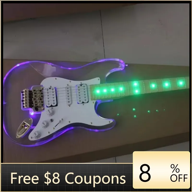 

STLF Flyoung High Quality Acrylic Electric Guitar Maple Neck Blue LED Lights Body and Green Lights Neck Floyd Rose Bridge
