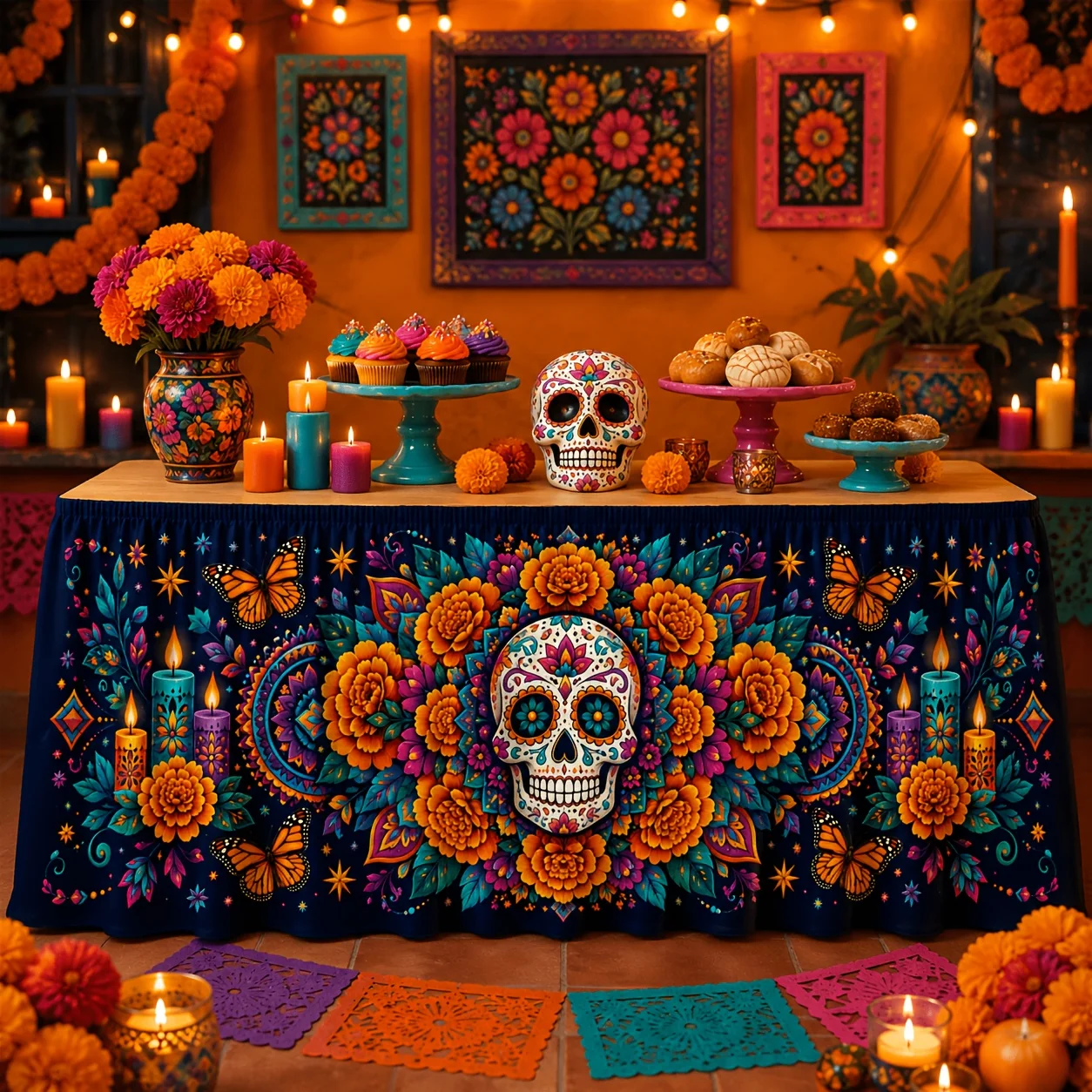 One tablecloth or table skirt made of polyester, featuring floral patterns, sugar skulls, and monarch butterflies.zyc