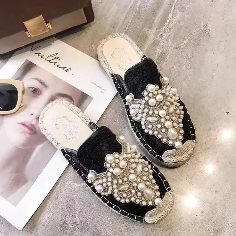 Beaded Flats Women Mules Shoes Summer Luxury Slippers 2024 Designer Mesh Dress Slingback Sandals Walking Flip Flops Mujer Slides