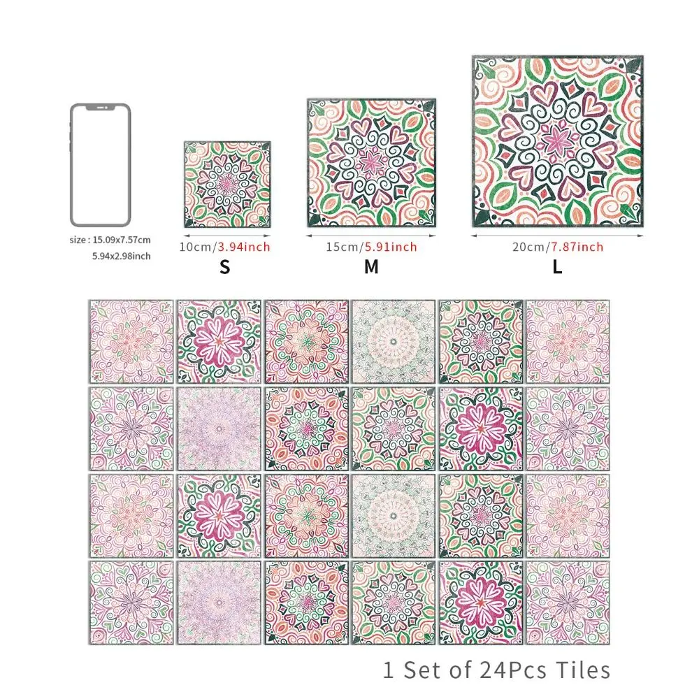 24Pcs/Set Mandala Style Ceramics Wall Sticker 10/15/20cm Vintage Peel & Stick Art Wall Decals Moisture-proof Self Adhesive