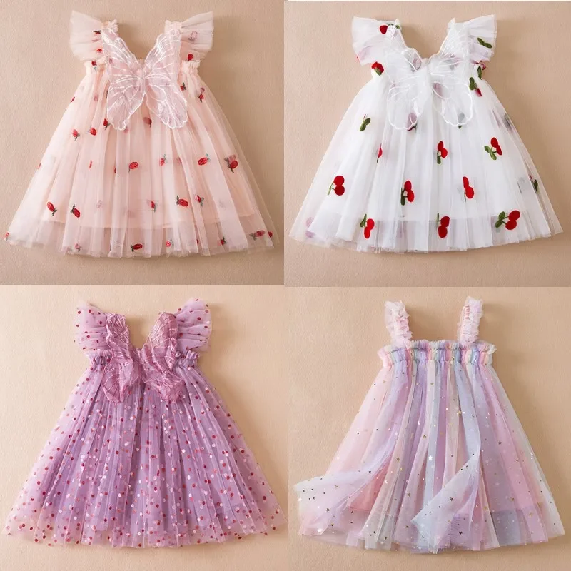 2024 New Summer Dresses for Girls Suspender Cute Toddler Girls Birthday Party Tulle Dress with Butterfly Wings Baby Girl Clothes