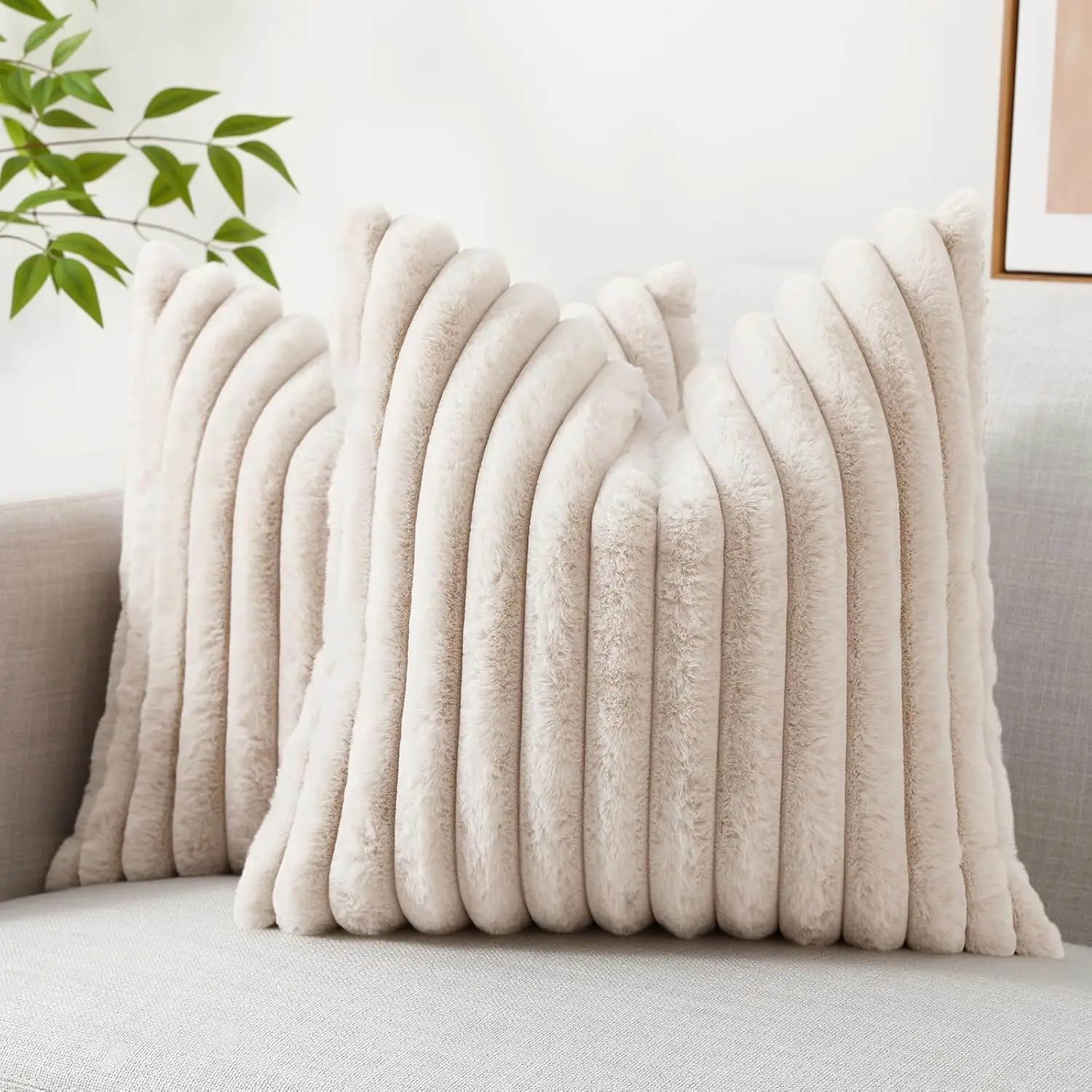

Spring Throw Pillow Covers 22X22 Set Of 2, Decorative Soft Plush Striped Couch Pillow Covers With Velvet Ba For Sofa, Bed,
