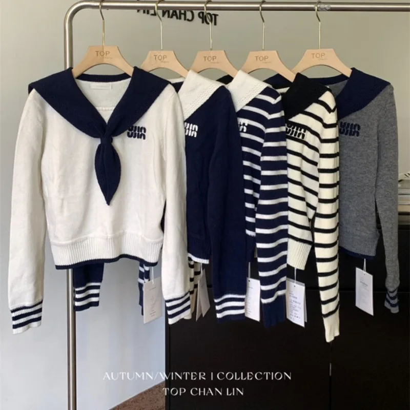 Women Autumn Winter Casual Preppy Style Striped Color Blocking Knitting Women Clothing All-match Slim Long Sleeve Pullovers Tops