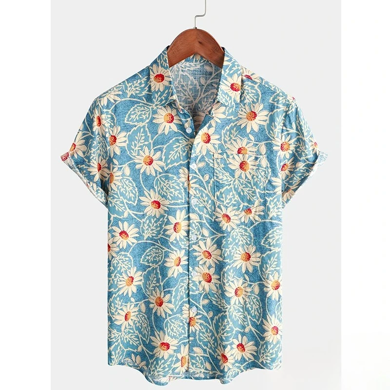 Hawaii Men's Summer Floral T-shirt Beach Floral Printed Short Sleeve Button Collar Shirt Top Men's Adult Design Casual Clothing
