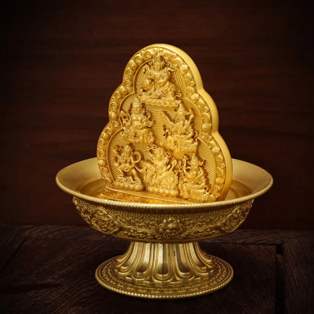 Tibetan Buddhism Six Wealth Deities Water Offering Plate Brass Plaque Vaishravana Feng Shui Wealth Altar Statue Home Decor