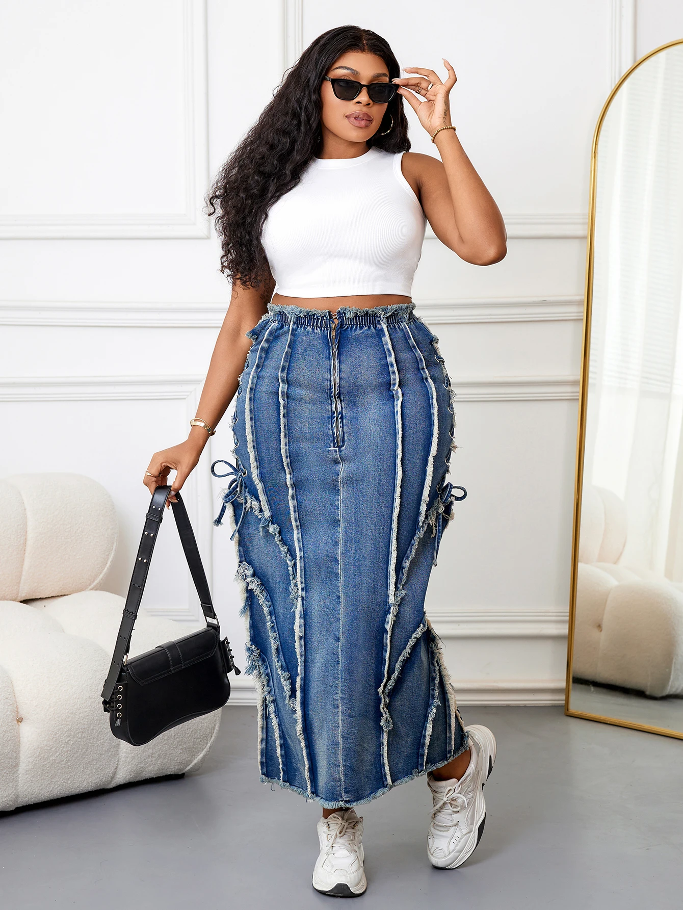 Rok Maxi Denim Fashion Wanita Desain Unik dengan Potongan Khusus Celana Jeans Kasual untuk Dipakai Sehari-hari