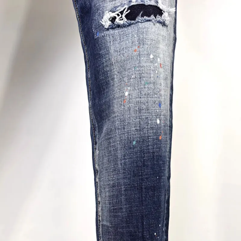 y2k Fashion High Street New Jeans Painted Wrinkles Scratches Washed Water Nostalgic Stretch Slimming Blue Jeans High Street