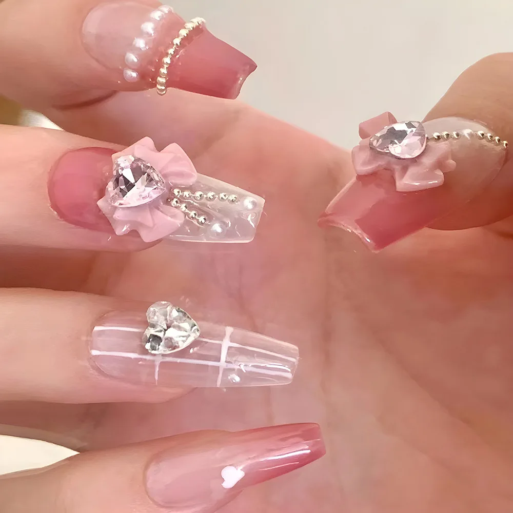 

24Pcs Mid-length Ballet Fake Nails 3D Bow Heart Rhinestone Press on Nails Pink White Gradient Wearable Full Cover False Nail Tip