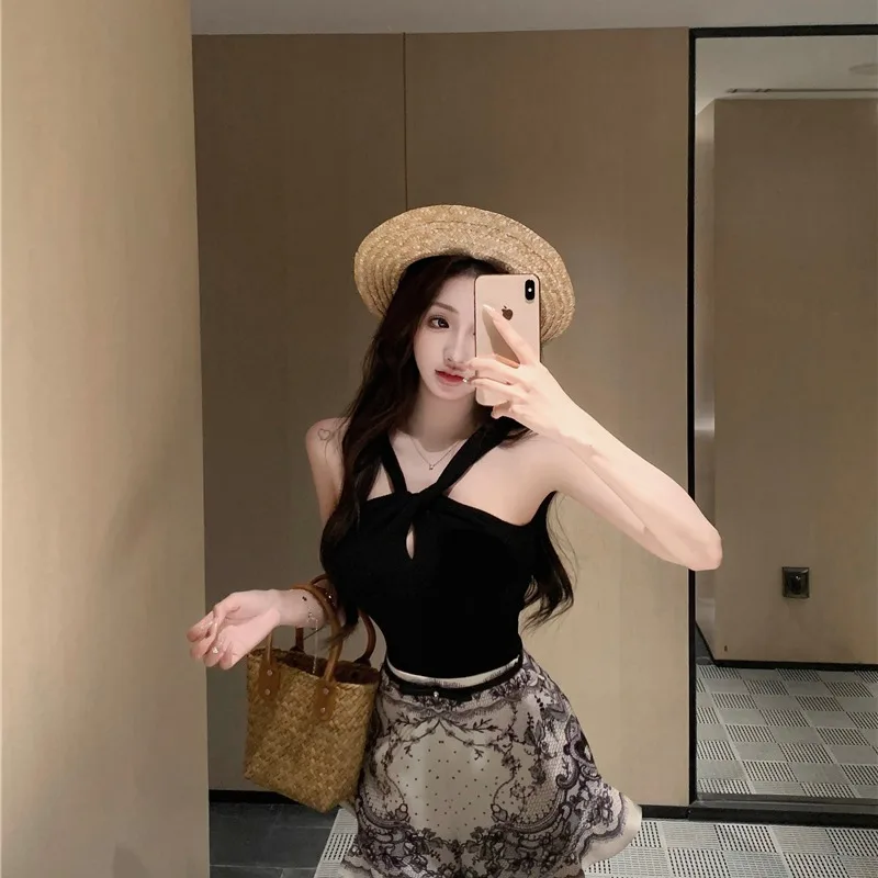 Atasan Vest Spicy Girl Model Ne dengan Pinggang Tinggi, Hiasan Renda, Motif Cetak, Set Dua Potong Musim Panas 2025, Pakaian Wanita Modis