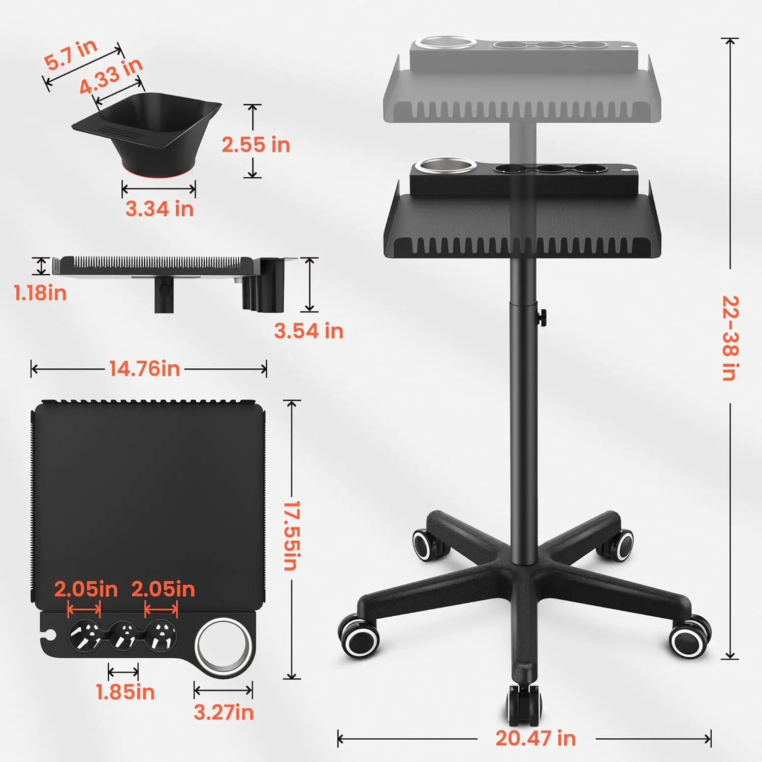 Rolling Salon Tray on Wheels, Metal Hairstylist Tray Rolling Cart for Hair Salon Station with 2 Magnetic Hair Color Bowl