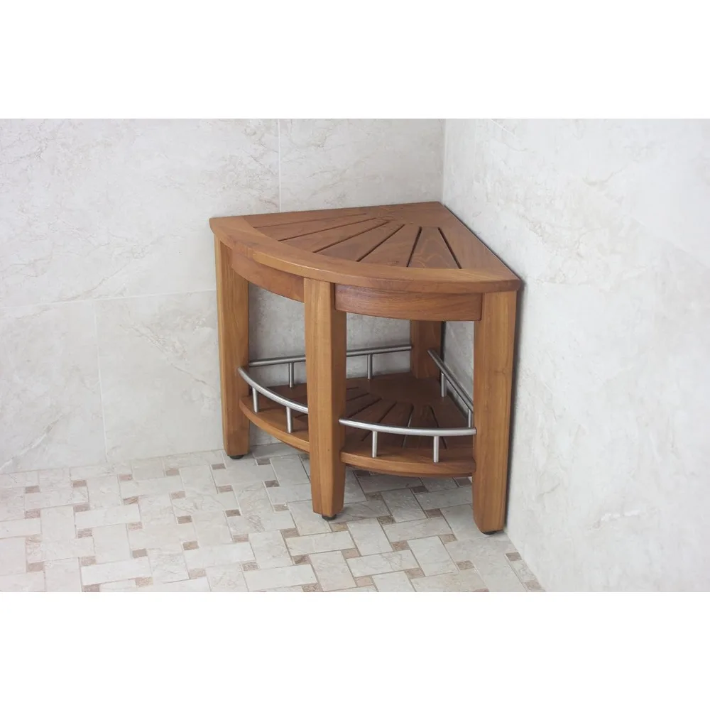 AquaTeak Banco de ducha esquinero Kai de 15,5 pulgadas con estante de teca y acero inoxidable