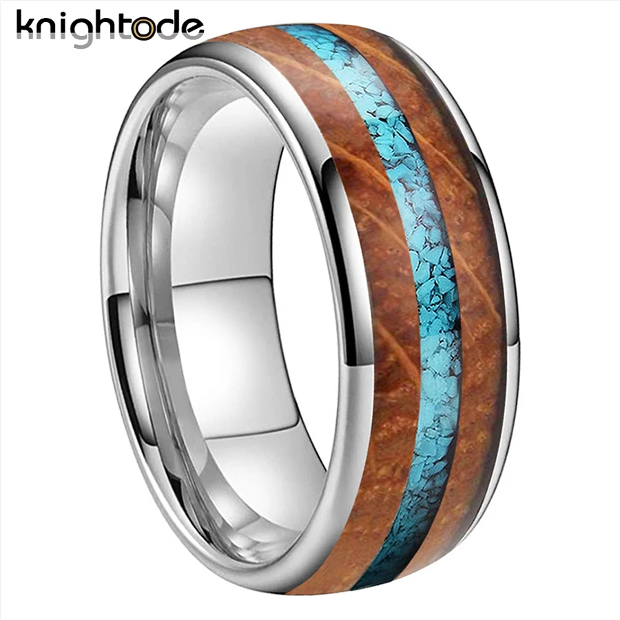 8mm Tungsten Carbide Engagement Rings For Men Women Wedding Band Turquoise Whisky Barrel Oak Wood Inlay Comfort Fit