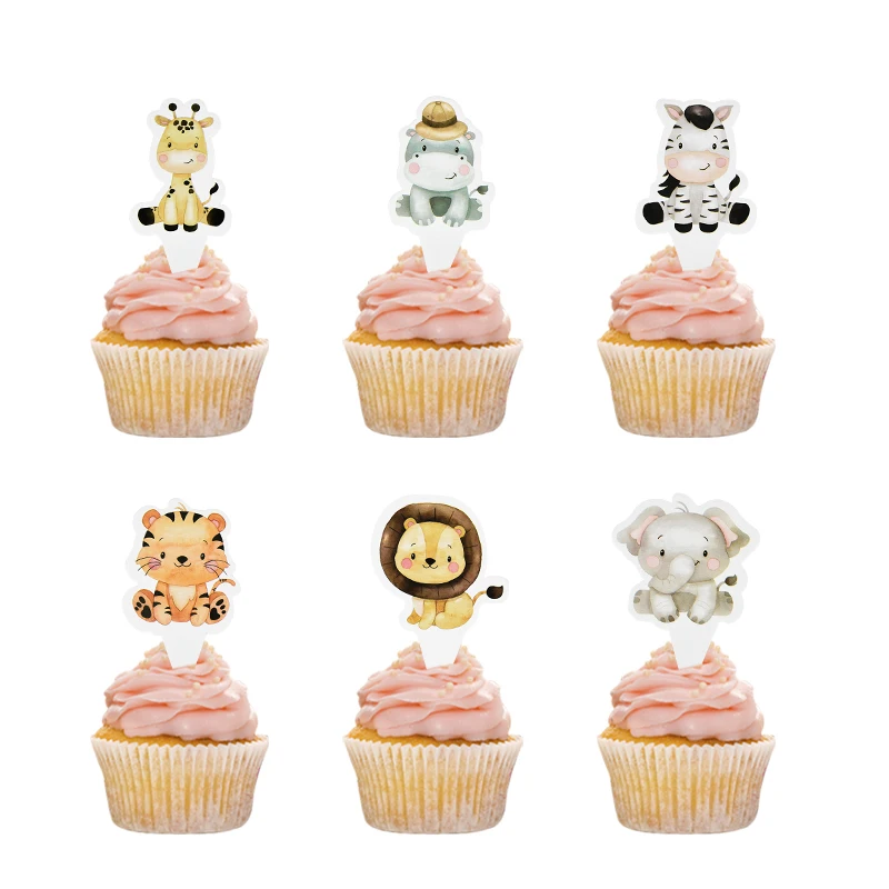 Topper de pastel de animales de dibujos animados para fiesta del bosque, Impresión de cumpleaños, taza de baño para bebé, inserto de pastel de