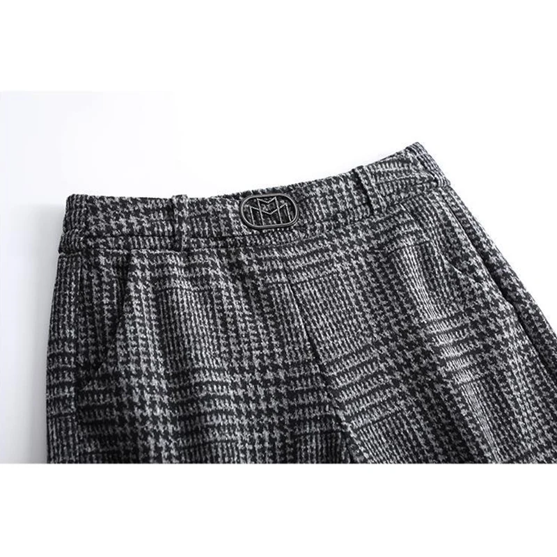 Jesienno-zimowe wełniane spodnie damskie New Plaid Pocket Korean Fashion Thicken High Waist Straight Wide Leg Ankle Length Trousers