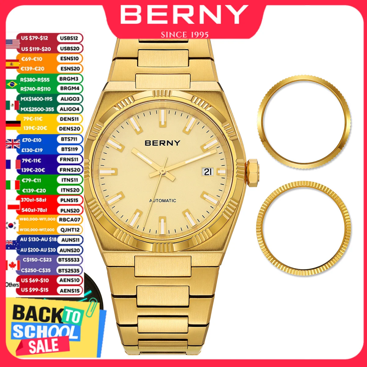 BERNY Automatische Herren-Golduhr, Saphirglas, leuchtend, 100 % Original, PT5000, AR-beschichtet, luxuriöser, austauschbarer Lünettenring, 5ATM Herrenuhren