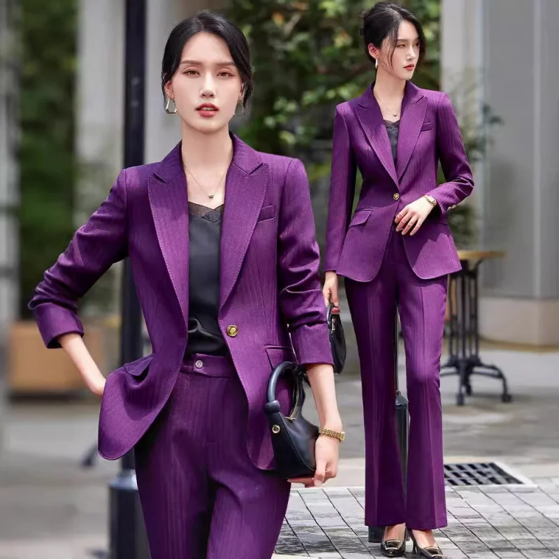 Business Suit Women2024New Autumn Purple Striped High-End Business Suit Work ClothesolCommuter Workplace Formal Wear