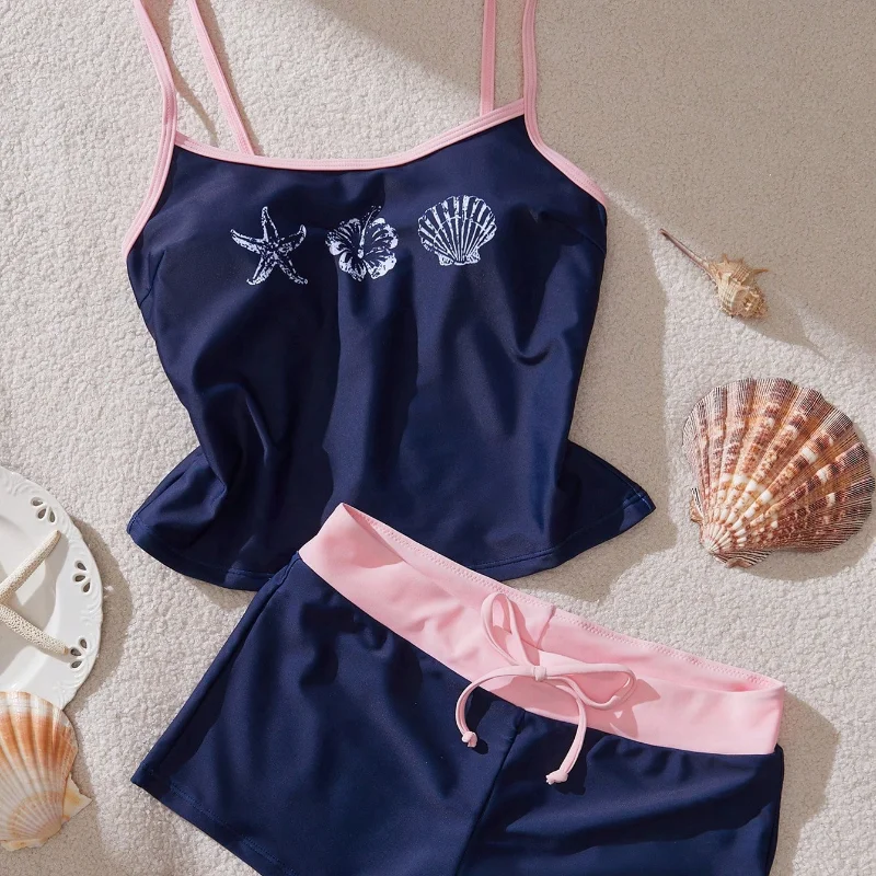 Women Coastal Print 2‑Piece Short Set Contrast Trim Cami Crop Top Sea‑Shell Starfish Print Casual Summer Matching Outfit Sets