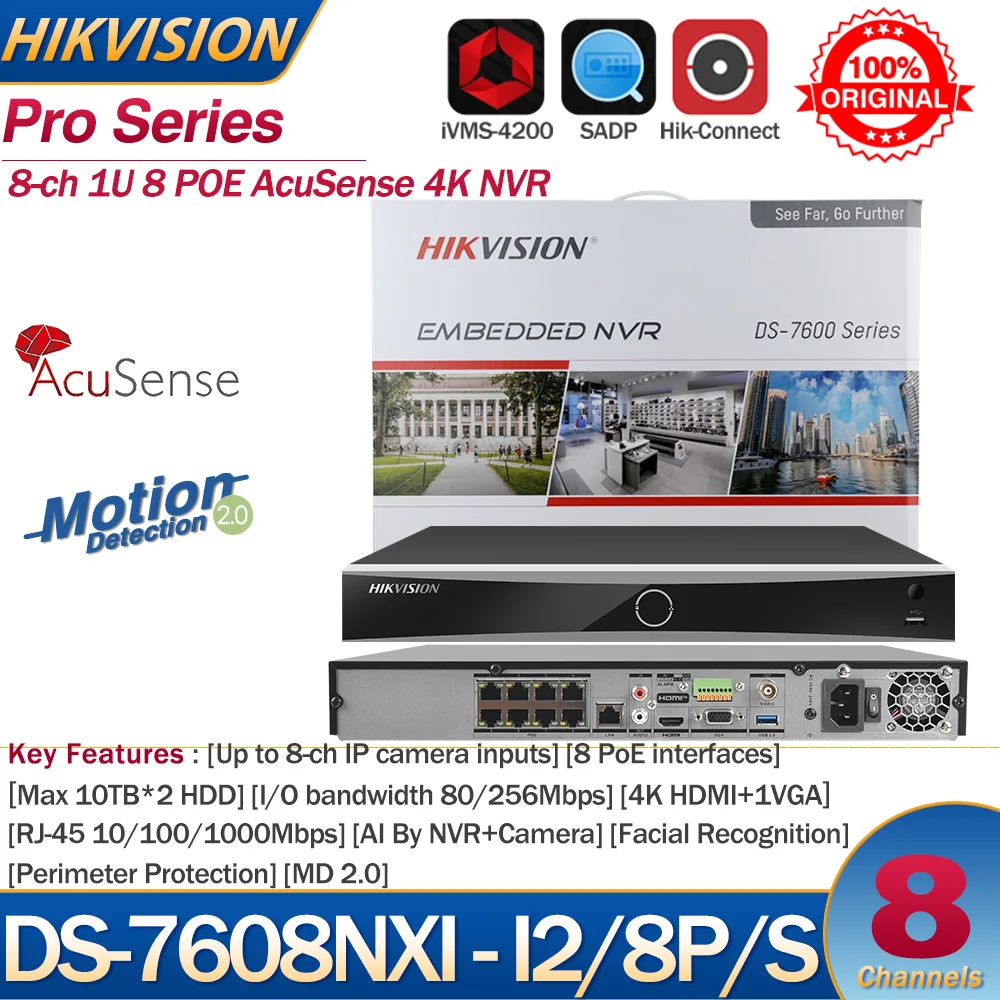 Hikvision NVR DS-7608NXI-I2/8P/S 8-ch 1U 8 POE AcuSense 4K 8-ch Camera inputs Network Video Recorder Support Third-party Camera