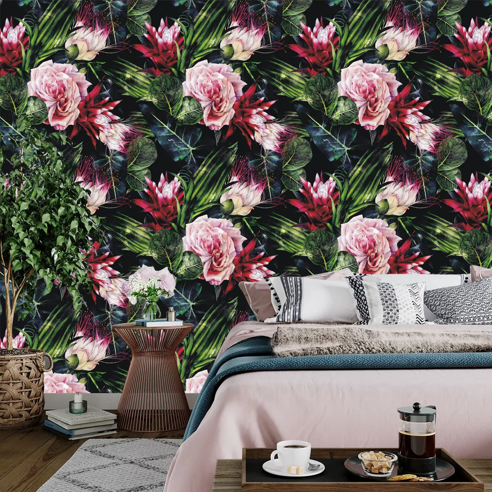 ورق جدران من الفينيل ذاتي اللصق قابل للإزالة بأوراق خضراء داكنة وزهور وردية اللون قابل للإزالة لديكور المنزل والحمام #4