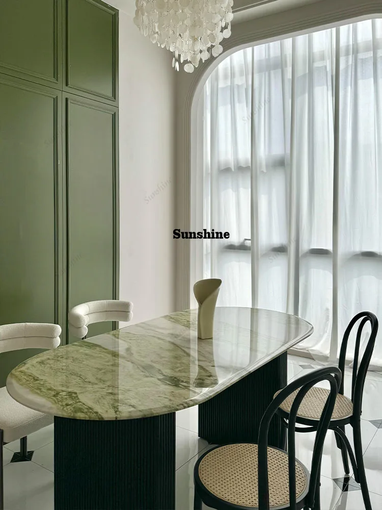 

Irish Emerald Stone Dining Table, French Cream&Nordic Style Oval Table, Heat Resistant&Scratch Proof, Master Design, Customize