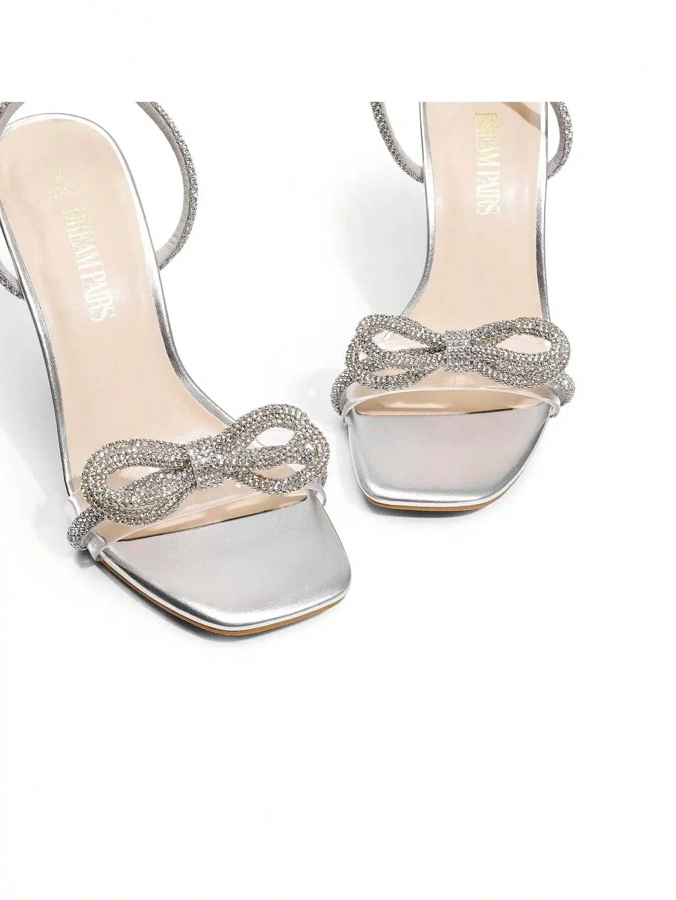 

Women Crystal Bowknot Square Toe Ankle Strap High Heel Sandals For Party Wedding Prom