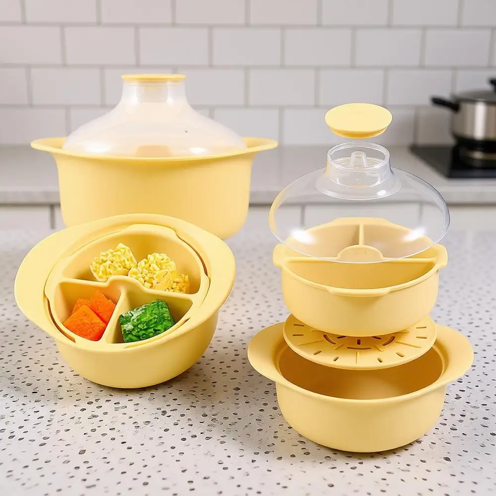 

Силиконовая пароварка для микроволновки на 48 унций с 3 отделениями, ручкой и крышкой - 100% пищевая силиконовая чаша для приготовления на пару, термостойкая кастрюля с S-образной формой