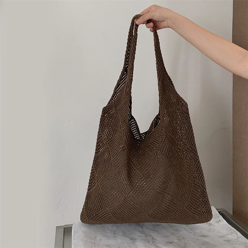 Neue Mode Große Kapazität Gestrickte Handheld Tasche Gestrickte Schulter Einkaufstasche Für Frauen Reisen Häkeln Taschen