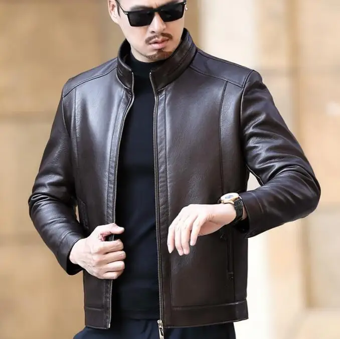 Mens Fashion Leather Jacket Men's Stand-up Collar Business Casual Fur One-piece Men's Super Soft Plush Liner Warm Jacket