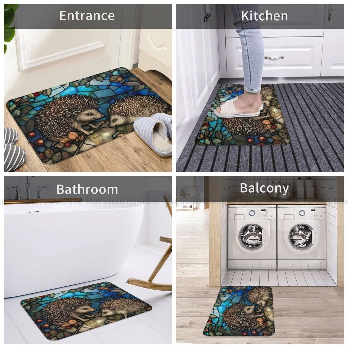 Hedgehogs Cartoon Animal Anti-Slip Doormat Living Room Mat Stained Glass Floor Carpet Welcome Rug Home Decor