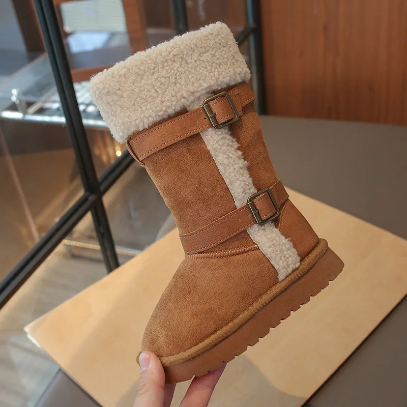 Kids'Snow Boots PU Leather Buckle Fashion Winter Flat Bottom Boots For Children Anti-slip Warm Designer Khaki Shoes Size 26-37