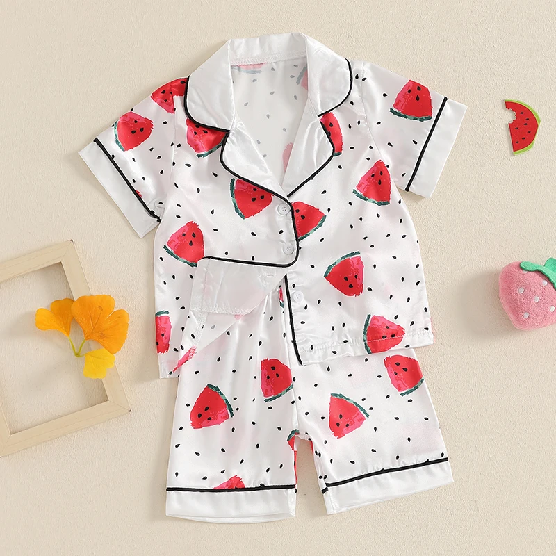 Kids Girls Summer Pajamas Set Watermelon Print Short Sleeve Shirts Tops Elastic Waist Shorts 2 Pieces Lounge Suit Sleepwear