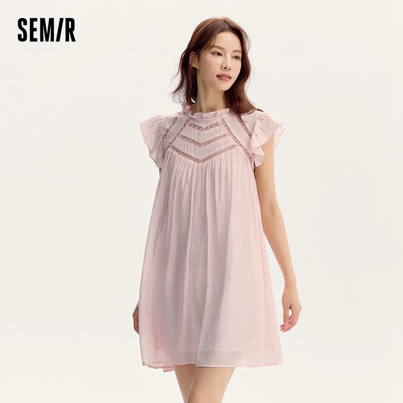 Semir Dress Women Gentle Ruffle Trim Short Flutter Sleeves Textured Mini Skirt 2024 Summer New Hollowed-Out Doll Dress