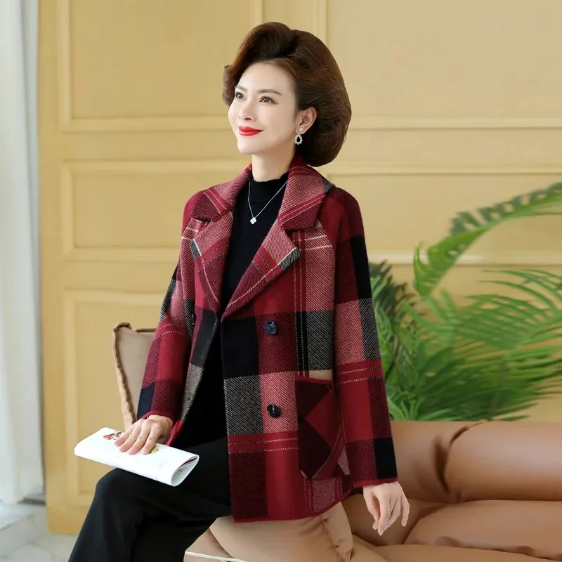 Mom's Imitation Double-sided Plaid Oversized Jacket For Women's Autumn And Winter New Thickened Loose Fitting Cardigan Lapel Top