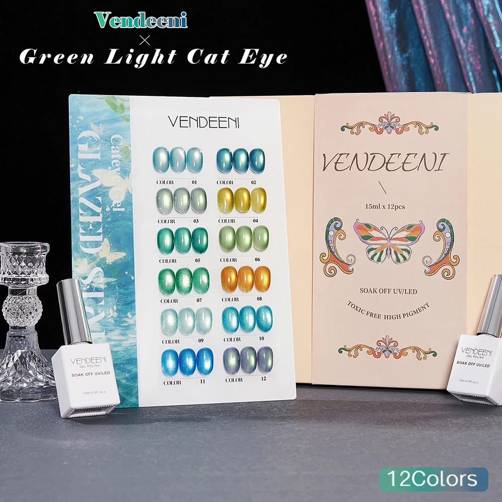Vendeeni 12 Kolorów/Zestaw Zielony Światło Kryształowy Lakier Żelowy do Paznokci Kocie Oko Błyszczący Szklany Magnetyczny UV Soak Off Lakier Żelowy z Ekspozycją
