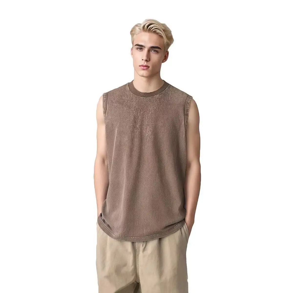 

230g Pure Cotton European and American High Street Retro Washed Distressed Sleeveless Vest Men's Casual Loose Shoulder T-shirt