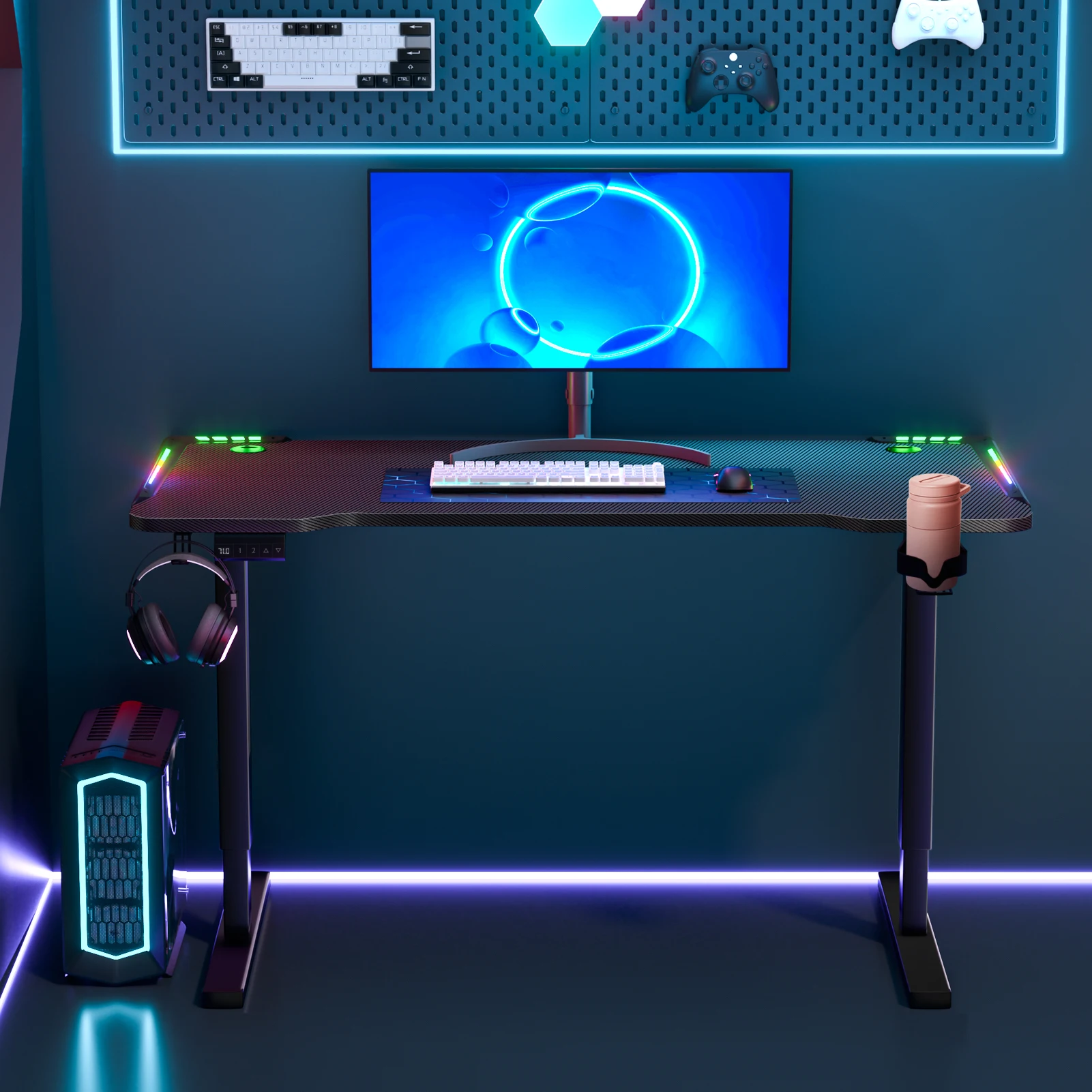 56in Gaming Desk, 3 Levels Electric Lift Standing Desk, Ergonomic Computer Game Table with Colorful Light Strip, PC Workstation