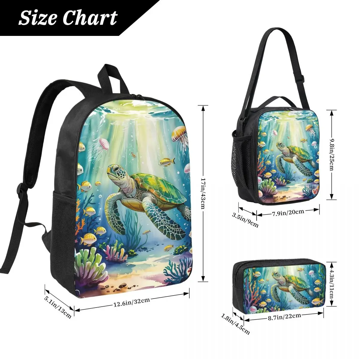 Vibrant Turtle And Waterweed Art Backpack Student BookBag School Bag Laptop Shoulder Bags 3ps Insulated Lunch Bag Pencil Case