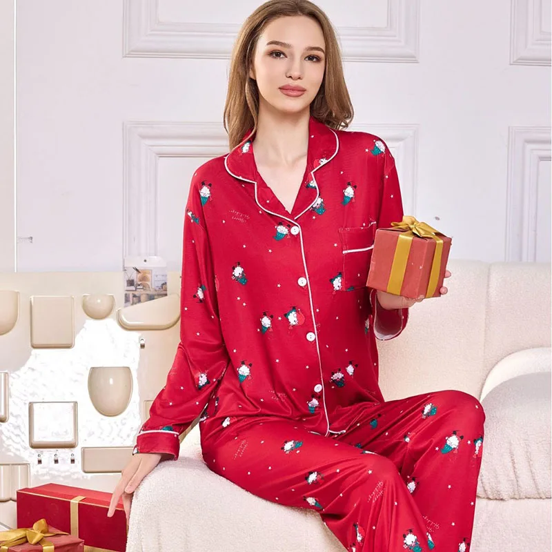 Women\'s Pajamas Christmas New Year Printed Long Sleeve Long Pants Cardigan Lapel Loose Homewear Large Size Sleepwear Green Red