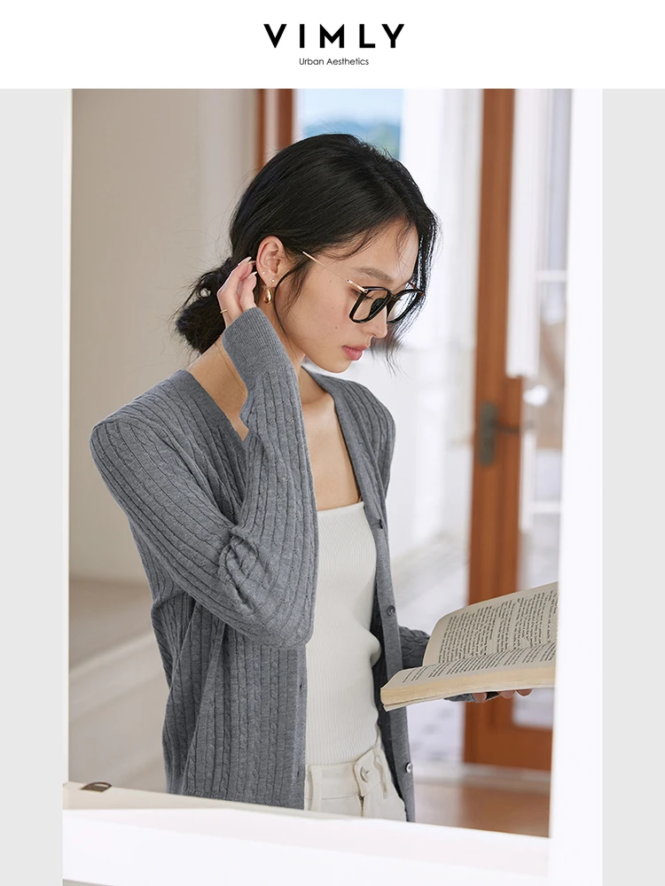 VIMLY Wool Blend Cable Knit Cardigan Women Knitwear Fashion Ladies French V-neck Long Sleeve Knit Top 2025 Autumn Clothes 73926