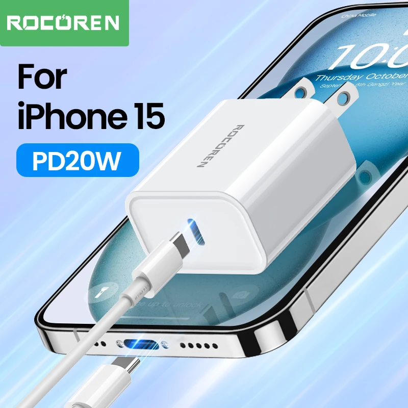 Rocoren PD 20W Original Fast Charge Type C USB Charger for Apple iPhone 15 Pro Max Xiaomi 13 12 Samsung Phone Charger with Cable